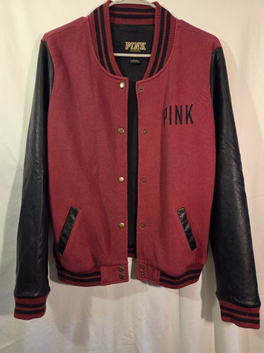 PINK Victoria’s Secret Varsity Jacket Women’s Medium Red Black Faux Leather
